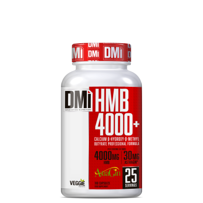 Frasco branco com rótulo vermelho de suplemento alimentar HMB 4000+ e tampa vermelha.