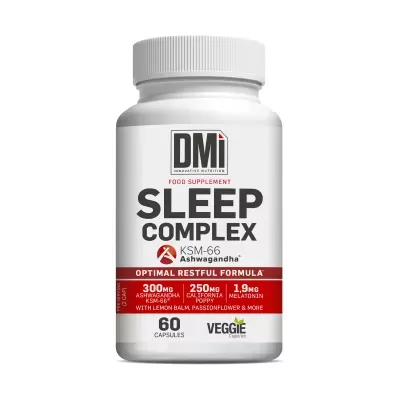 Frasco branco do suplemento alimentar DMi SLEEP COMPLEX com tampa de rosca e rótulo detalhado.