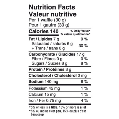 Tabela nutricional de waffle com detalhes em inglês e francês
