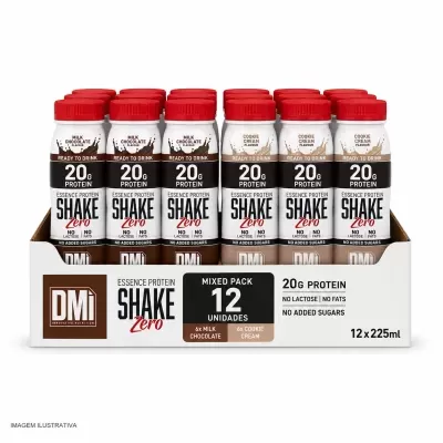 Pack de 12 garrafas de bebida proteica líquida DMI, sabores Chocolate e Cookie Cream, embalagens brancas com tampas vermelhas.