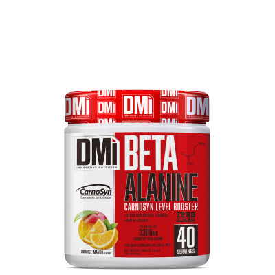 Suplemento Beta Alanine DMi em frasco branco com tampa vermelha e rótulo vermelho