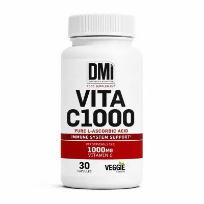 Frasco branco de suplemento alimentar com etiqueta detalhando vitamina C1000 e outras informações.