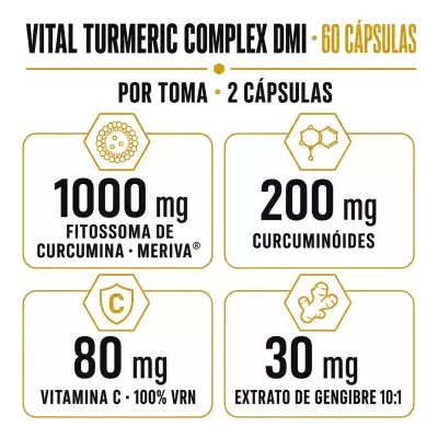 Informações de suplemento Vital Turmeric Complex DMI com 60 cápsulas e seus componentes.
