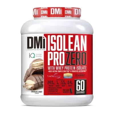 Frasco branco de suplemento proteico com etiqueta vermelha e branca de ISOLEAN PRO ZERO sabor chocolate.