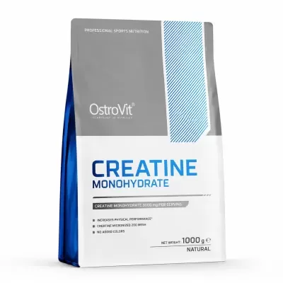 Embalagem cinza e branca com detalhes azuis de suplemento creatina monohidrato OstroVit