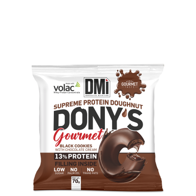 Barra proteica Dony's Gourmet Supreme Protein Doughnut sabor Black Cookies com creme de chocolate em embalagem branca e castanha
