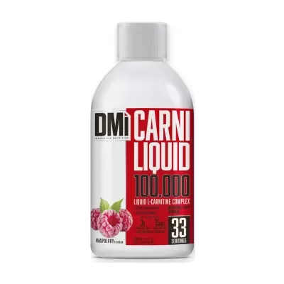 Frasco plástico branco com suplemento líquido DMi Carni Liquid 100.000 sabor framboesa