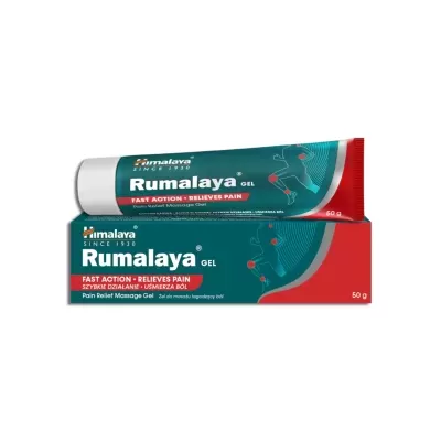 Gel de massagem Himalaya Rumalaya para alívio da dor, embalagem verde, vermelho e branco.