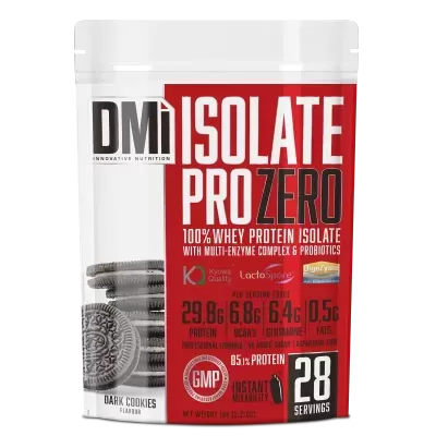 Embalagem de suplemento de proteína DMi Isolate Pro Zero sabor Dark Cookies