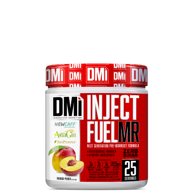 Suplemento pré-treino DMI INJECT FUEL MR sabor pêssego em pote branco e vermelho