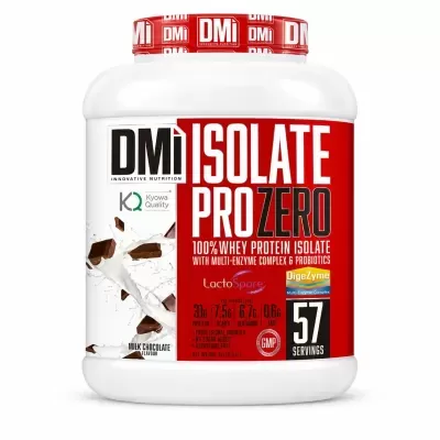 Embalagem de suplemento proteico em pó DMI Isolate Pro Zero sabor chocolate ao leite