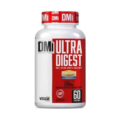 Frasco de suplemento alimentar Ultra Digest DMi com rótulo vermelho e branco e tampa vermelha.