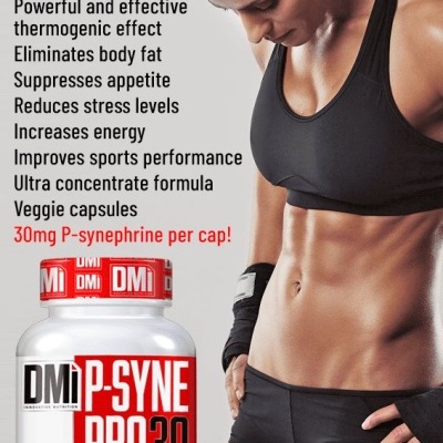 Suplemento alimentar DMI P-SYNE PRO 30 com mulher atlética a usar roupa de desporto preta.