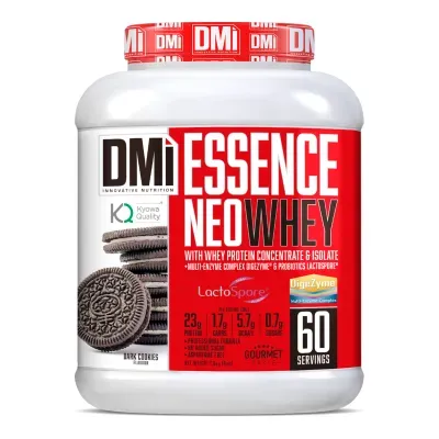 Frasco de suplemento whey com sabor Dark Cookies da marca DMi, rótulo vermelho e branco com informações nutricionais.