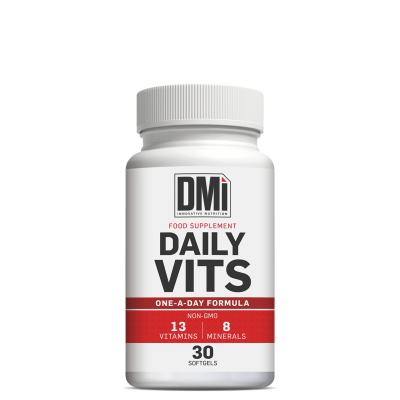 Pote de suplemento alimentar DMi DAILY VITS com 30 softgels