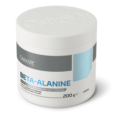 Pote branco de suplemento OstroVit Beta-Alanine 200g sabor limão com rótulo cinza e azul