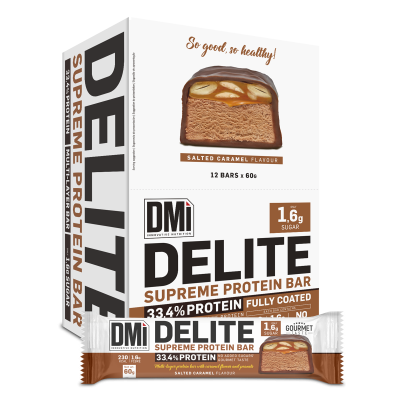 Barra proteica DELITE SUPREME PROTEIN BAR sabor Salter Caramel com embalagem branca e castanha