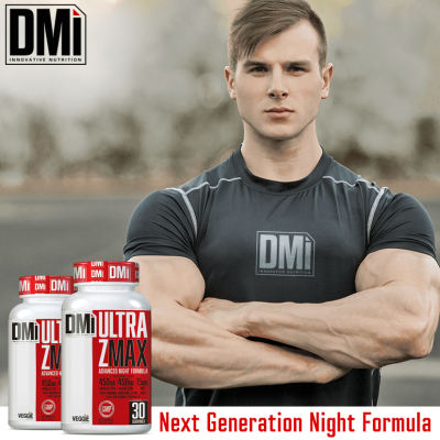 Suplemento DMi Ultra ZMax com homem musculado e texto Next Generation Night Formula