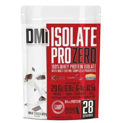 Pacote vermelho e branco de suplemento Isolate Pro Zero 100% Whey Protein sabor Milk Chocolate