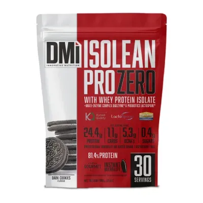 Embalagem de suplemento proteico isolante DMi Isolean Pro Zero sabor Dark Cookies