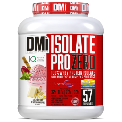 Recipiente de suplemento alimentar DMi ISOLATE PRO ZERO sabor morango chocolate branco com rótulo vermelho e branco