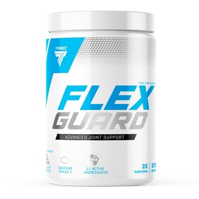 Embalagem branca de suplemento alimentar FLEX GUARD TREC com rótulo azul e cinza