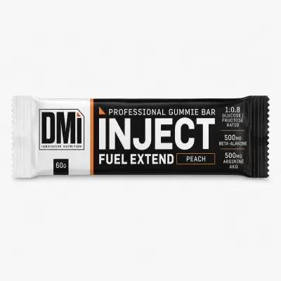 Barra alimentar profissional gummy INJECT peach embalagem preta e branca com texto nutricional