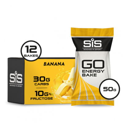 Pacote e caixa de barras energéticas SiS GO Energy Bake sabor banana