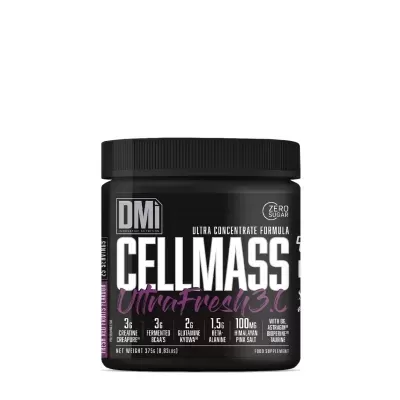 Frasco preto de suplemento alimentar CELL MASS Ultra Fresh 3.0 com texto em preto, branco e roxo