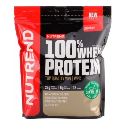 Pacote de suplemento Nutrend 100% Whey Protein sabor morango de 1000g