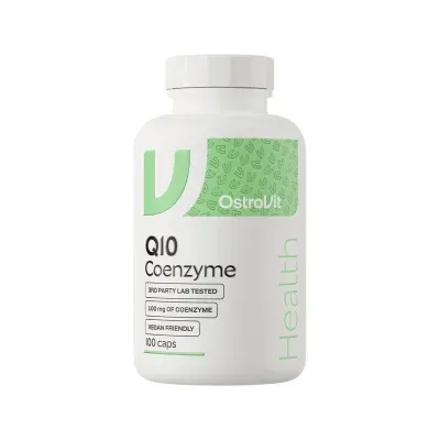 Frasco branco de Q10 Coenzyme OstroVit com rótulo verde e texto informativo