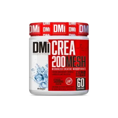 Recipiente de suplemento DMI CREA 200 MESH com tampa vermelha e rótulo vermelho e branco