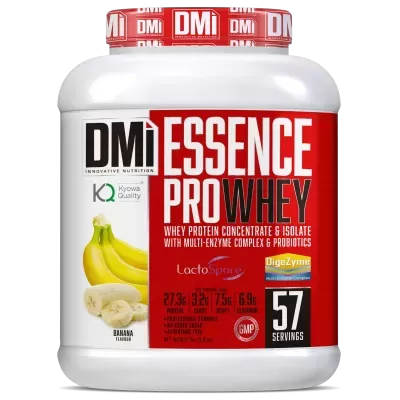 Pote de suplemento proteico DMI ESSENCE PRO WHEY sabor banana com detalhes nutricionais