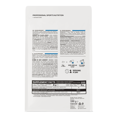 Embalagem branca de suplemento nutricional para desporto vista de trás com texto e tabela nutricional