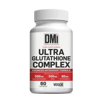 Frasco branco de suplemento alimentar Ultra Glutathione Complex com rótulo branco e vermelho.