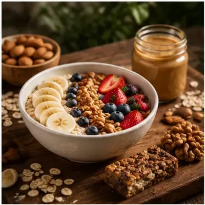 Tigela de papas de aveia com frutas e frutos secos