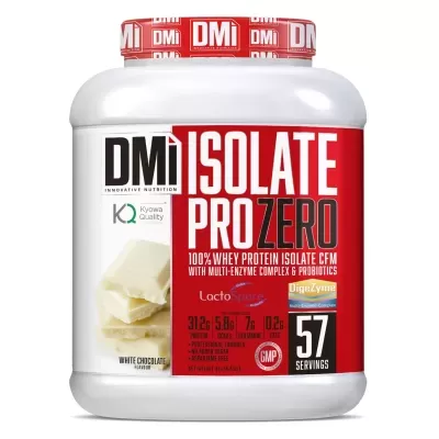 Embalagem de suplemento alimentar DMi Isolate ProZero, sabor White Chocolate.