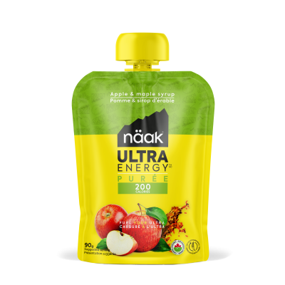 Pacote flexível de puré näak Ultra Energy de maçã e xarope de bordo