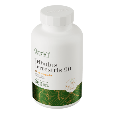 Frasco branco de suplemento Tribulus terrestris com rótulo verde e dourado