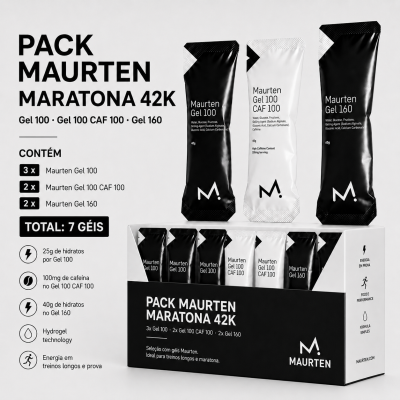 Pack Maurten Maratona 42K com 7 géis energéticos em embalagens pretas e brancas e caixa preta