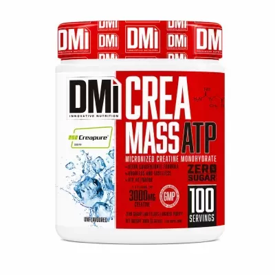 Embalagem de suplemento com texto Dmi CREA MASS ATP e 3000MG CREATINE em branco e vermelho