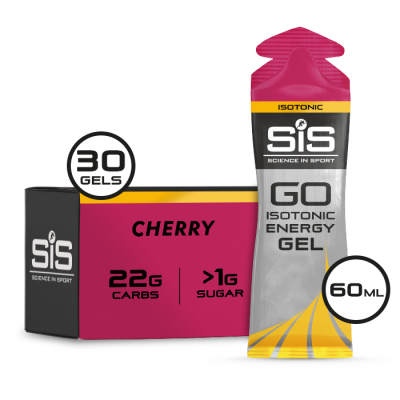 Géis energéticos isotónicos SIS Science in Sport sabor cherry em embalagem rosa, cinza, amarelo e preto
