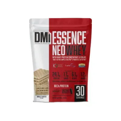 Embalagem de suplemento alimentar DMì ESSENCE NEO WHEY sabor vanilla wafer em plástico vermelho e branco