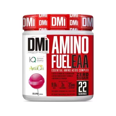 Pote de suplemento alimentar DMi Amino Fuel EAA sabor lollipop com rótulo vermelho e branco