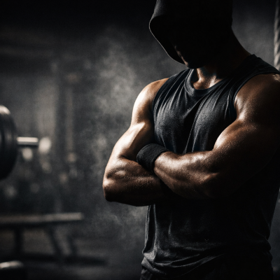 Homem musculado com regata preta e pulseiras pretas num ginásio escuro com equipamentos de treino