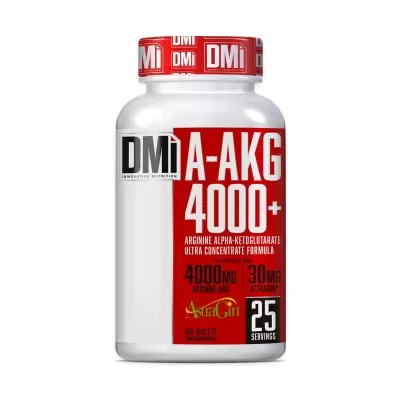 Frasco branco com rótulo vermelho de suplemento alimentar DMi A-AKG 4000+