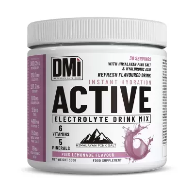 Pote de suplemento alimentar ACTIVE ELECTROLYTE DRINK MIX com rótulo branco e detalhes em roxo
