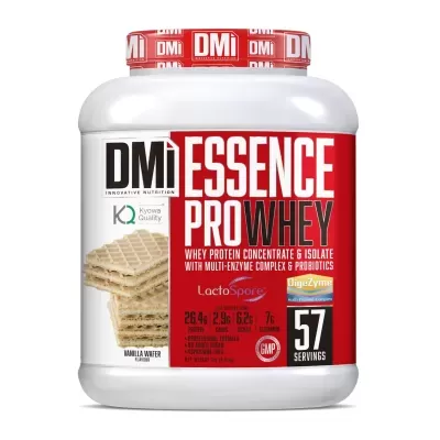 Embalagem branca e vermelha de suplemento de proteína whey sabor baunilha wafer com textos e imagens das bolachas