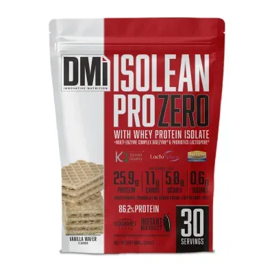 Embalagem vermelha e branca de suplemento alimentar sabor baunilha ISOLEAN PRO ZERO DMi com bolachas wafer