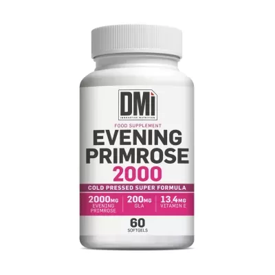 Frasco branco com suplemento alimentar Evening Primrose 2000 da DMI.